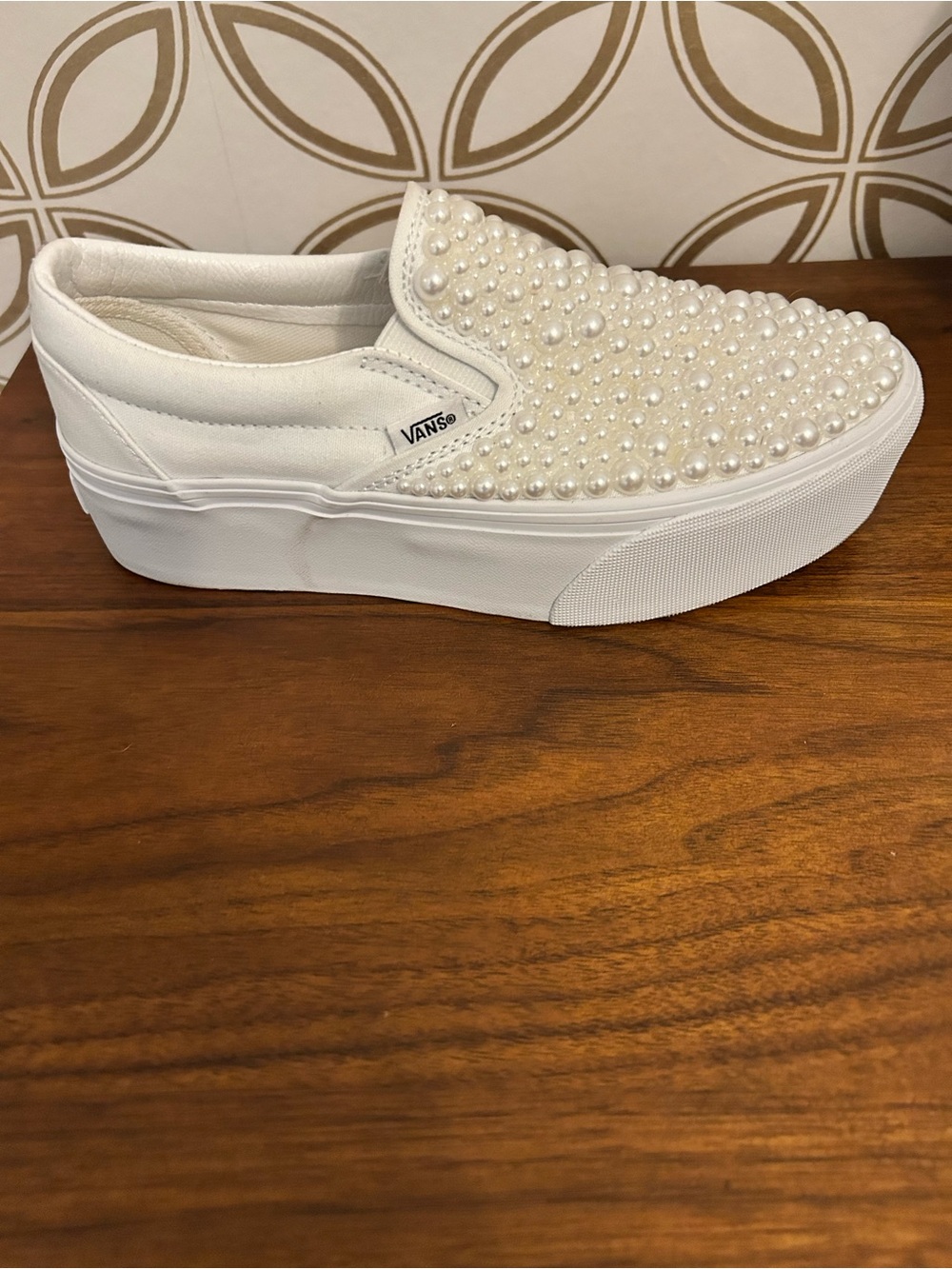 Custom-made Vans Women’s White Pearl-Stud Slip-On Sneakers - Wedding sneaker - Picture 3 of 6